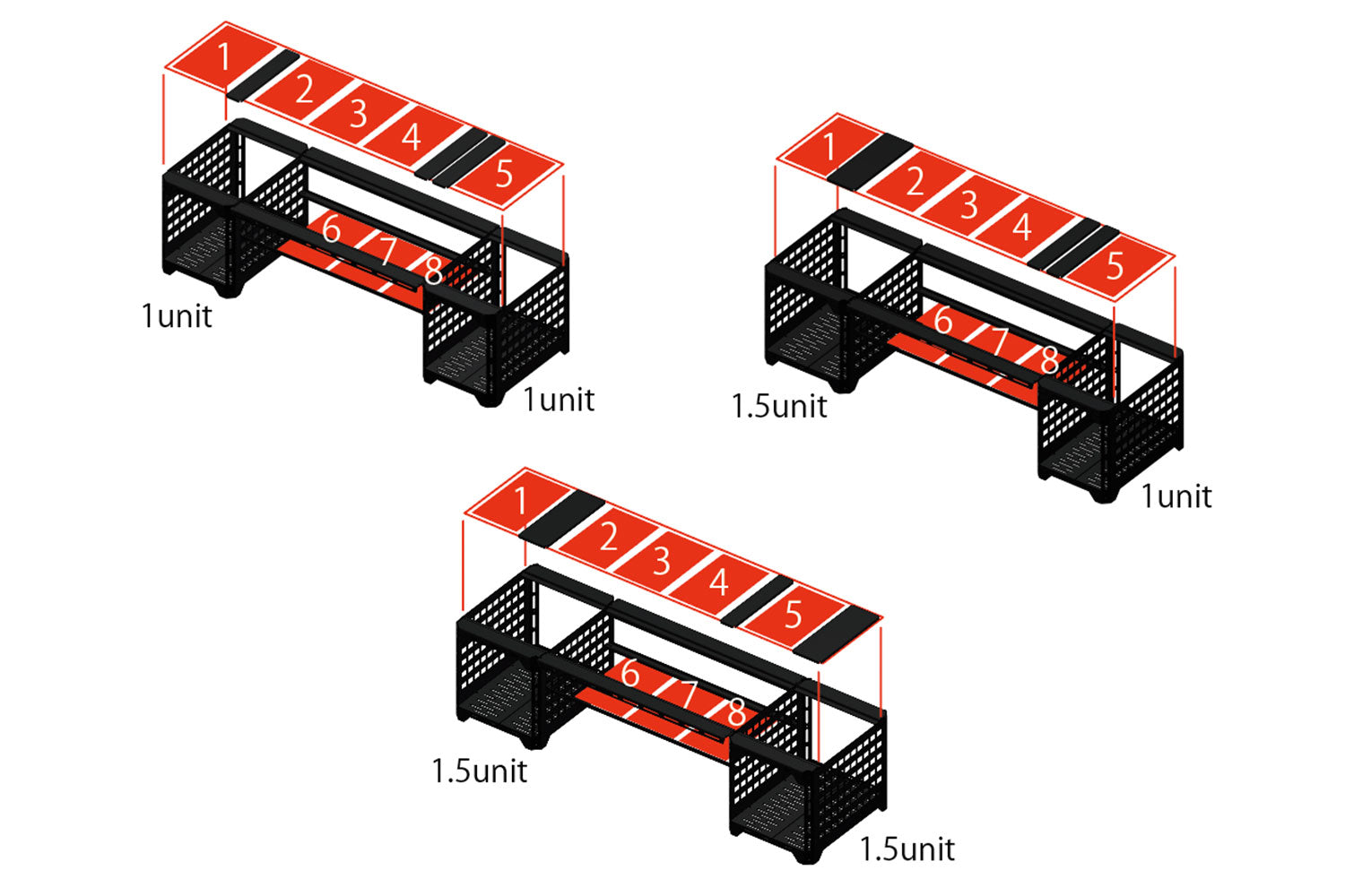 ※どのセットでも、8unit分の天板または使用するアイテムをご用意ください。(黒い特殊サイズの天板は付属しています)